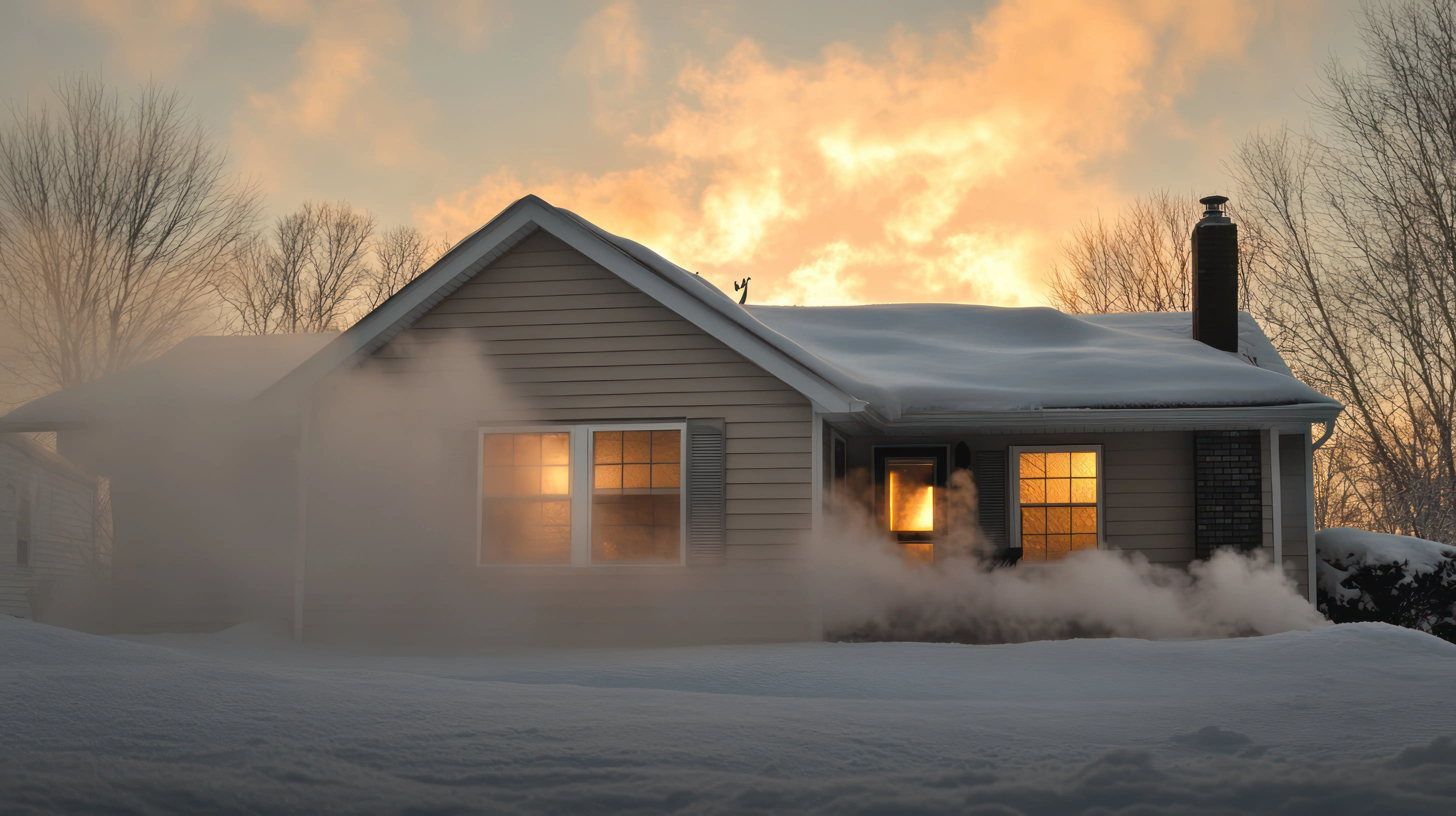 a house with a snow-covered roof and fire coming out of the window