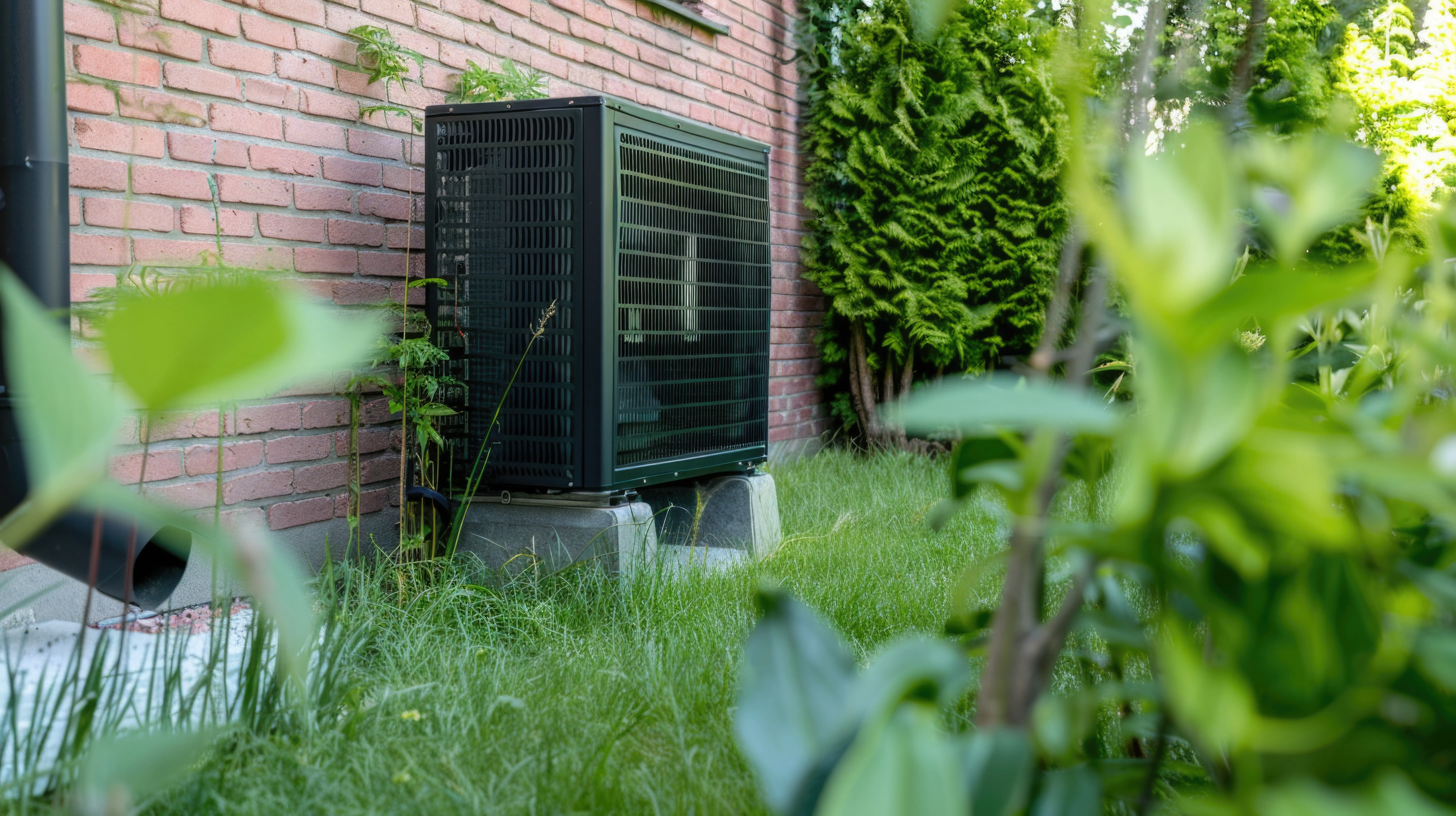 Air conditioner's outdoor unit on the wall of a country house.