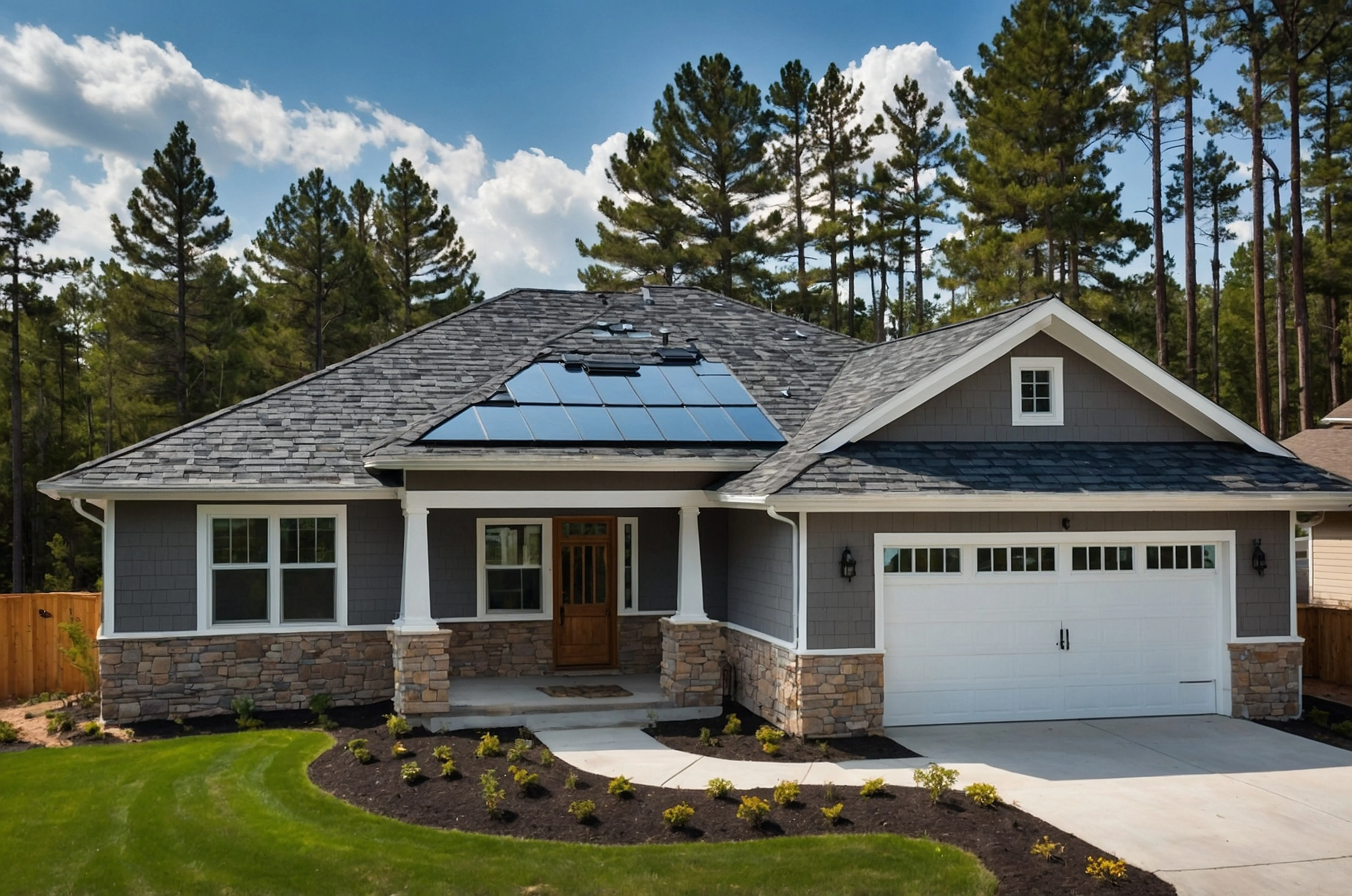 A new house with a roof made of both shingles and metal.