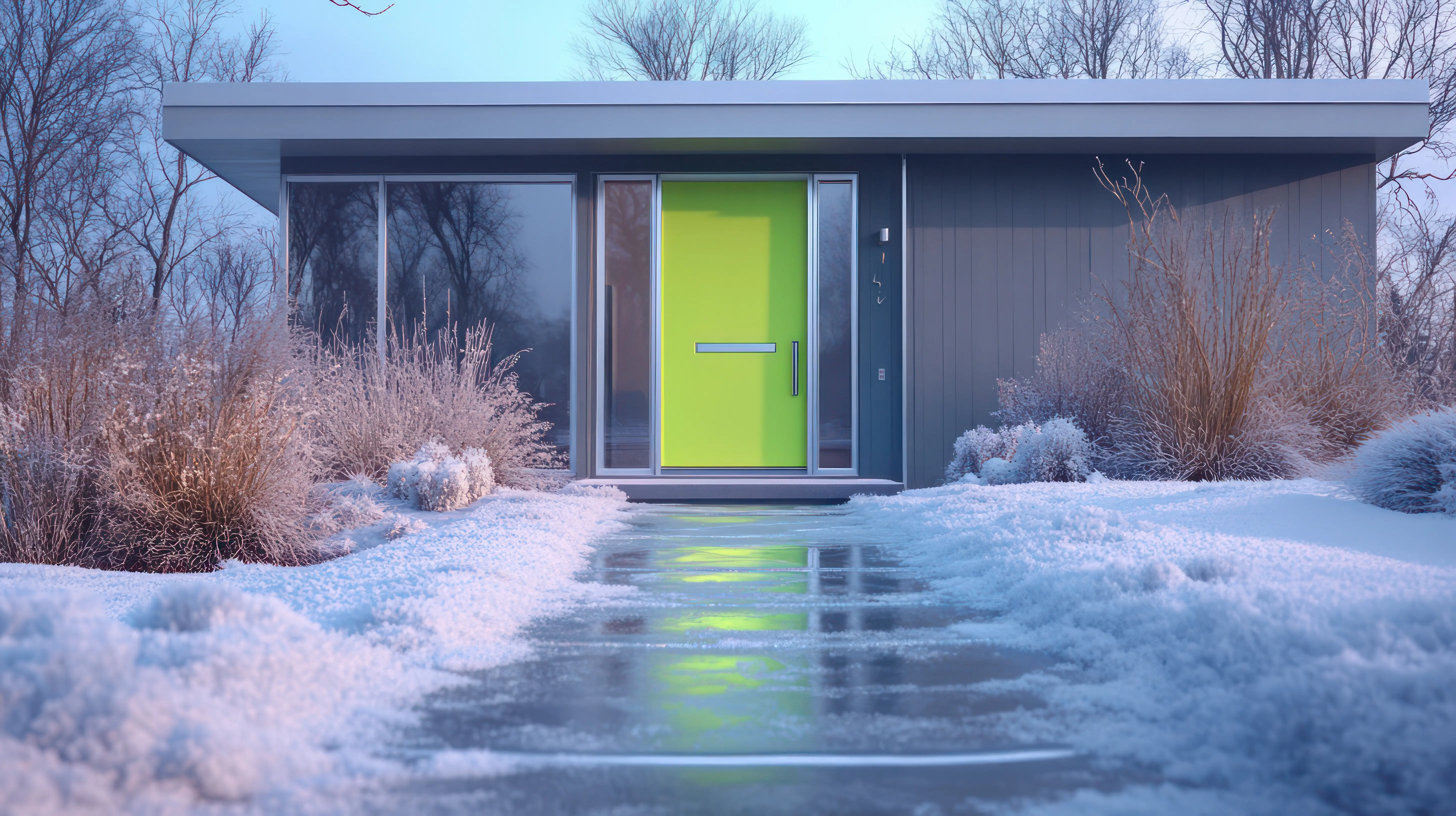 A green door and a yellow door are in front of a house.
