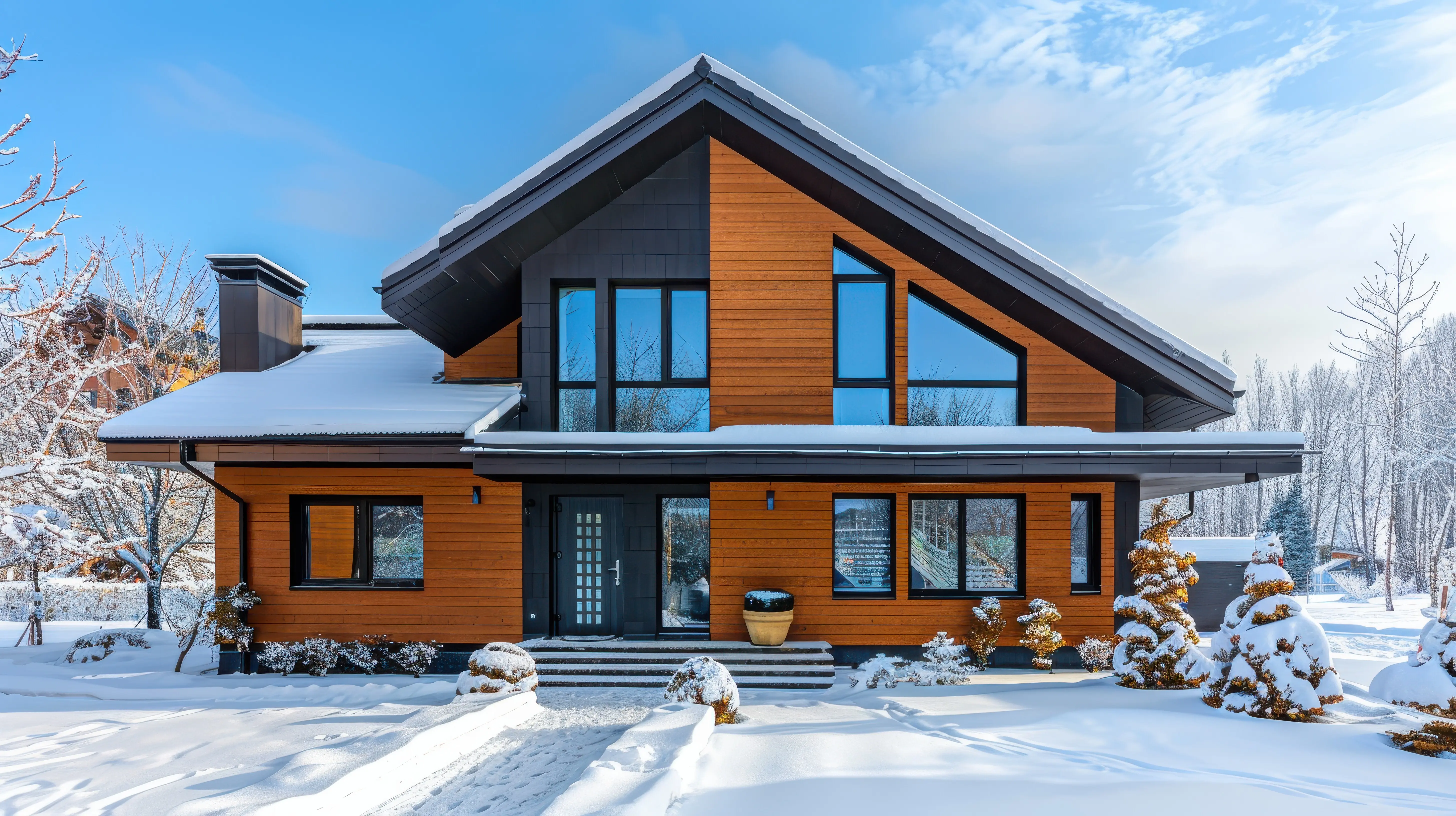 Opulent contemporary home encircled by a snow-covered landscape in a winter wonderland setting