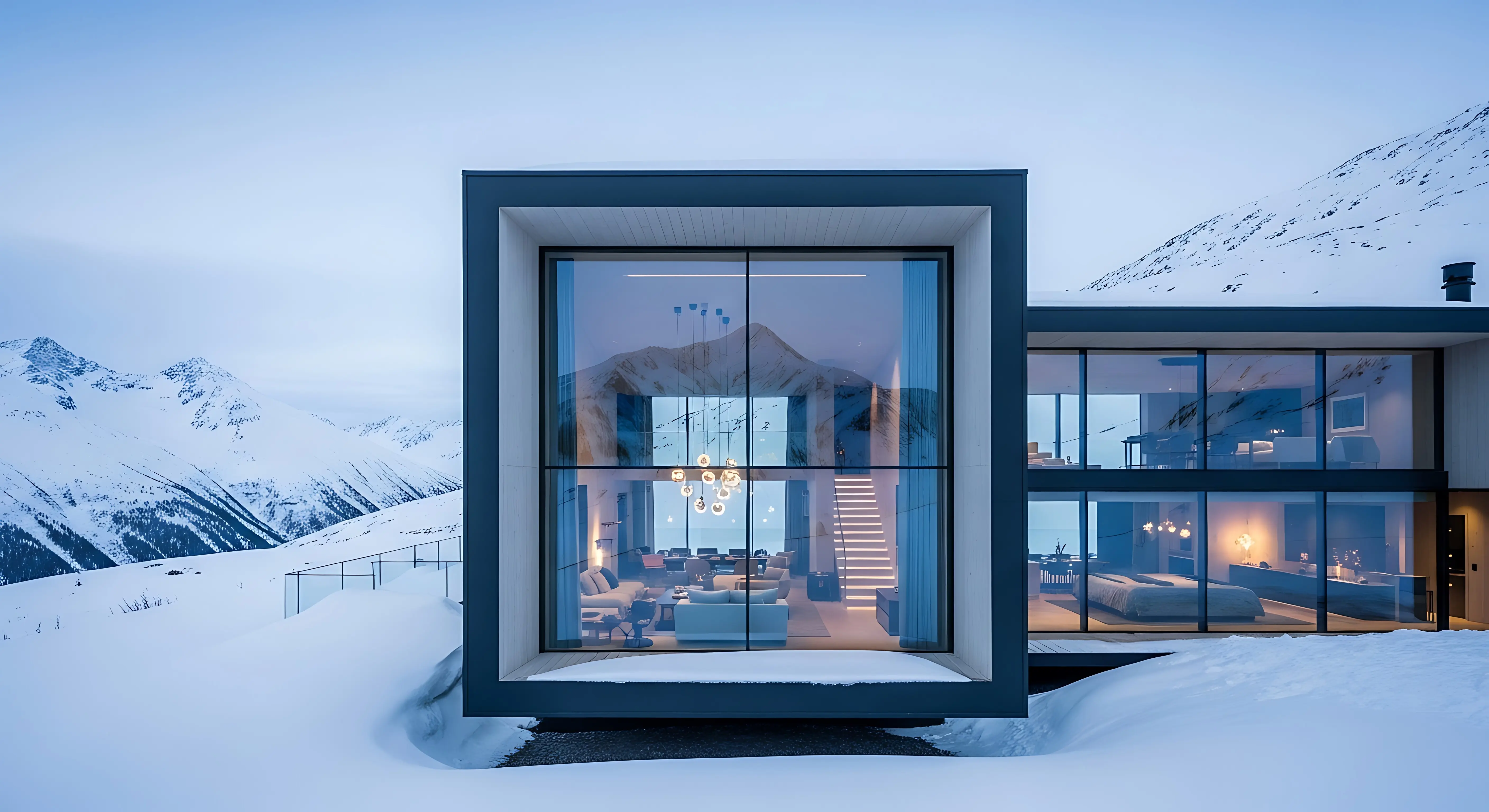 A contemporary glass house set in a snow-covered mountain landscape at dusk.